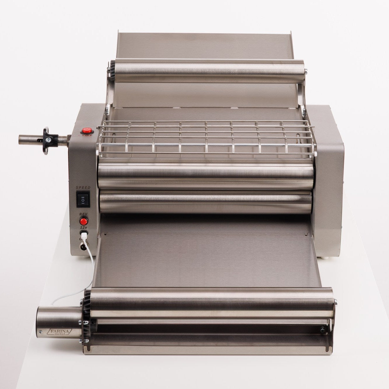 Stainless steel roller mechanism on a white background